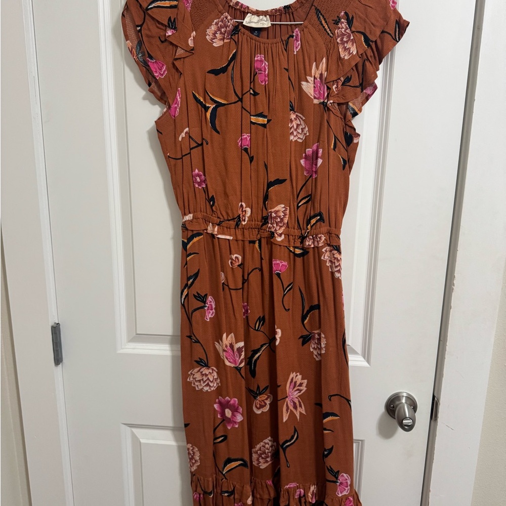 Universal Thread Burnt orange and Pink Ruffled Sundress with Flutter Sleeves